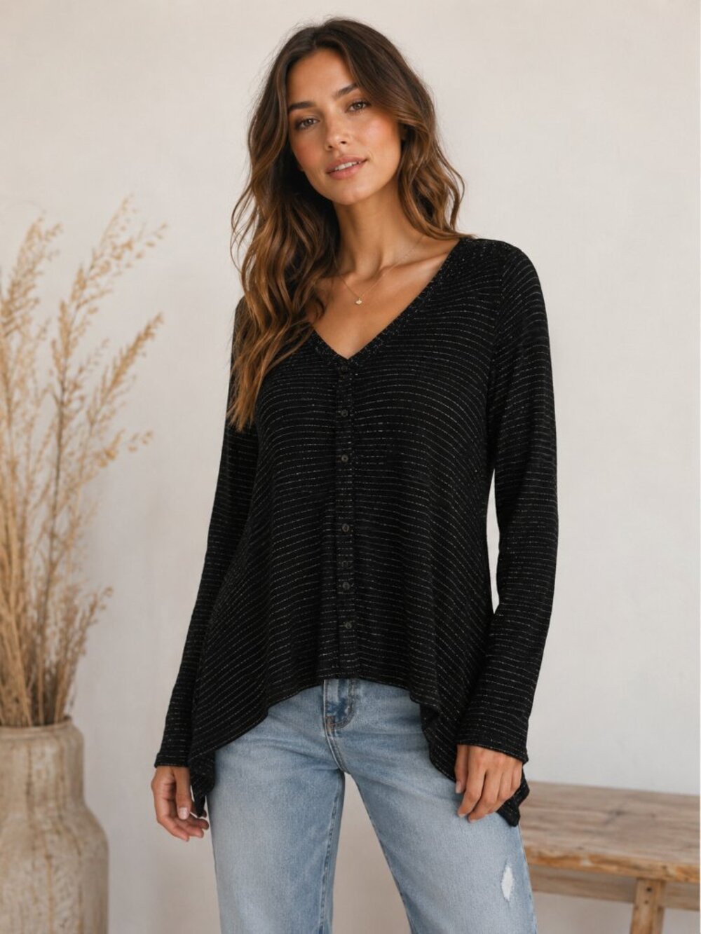 Knox Rose Black Striped Button Front Tunic Top with Lace